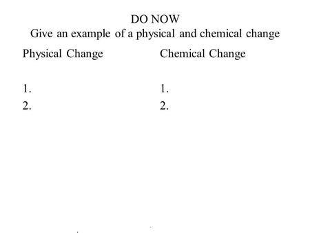 DO NOW Give an example of a physical and chemical change Physical Change 1. 2. Chemical Change 1. 2.