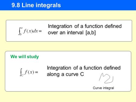 9.8 Line integrals Integration of a function defined over an interval [a,b] Integration of a function defined along a curve C We will study Curve integral.