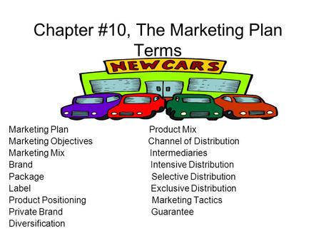 Chapter #10, The Marketing Plan Terms Marketing Plan Product Mix Marketing Objectives Channel of Distribution Marketing Mix Intermediaries Brand Intensive.