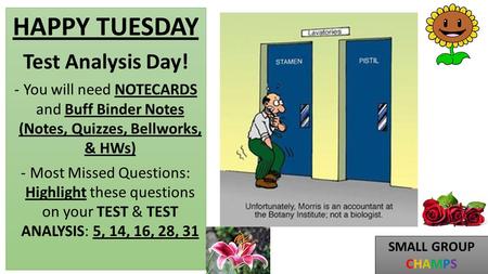 HAPPY TUESDAY Test Analysis Day! -You will need NOTECARDS and Buff Binder Notes (Notes, Quizzes, Bellworks, & HWs) -Most Missed Questions: Highlight these.