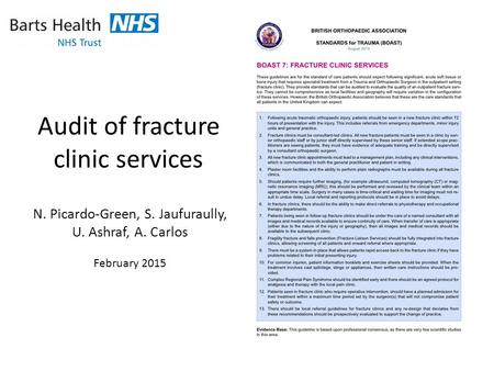 Audit of fracture clinic services N. Picardo-Green, S. Jaufuraully, U. Ashraf, A. Carlos February 2015.
