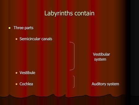 Labyrinths contain Three parts Three parts Semicircular canals Semicircular canals Vestibular system Vestibular system Vestibule Vestibule Cochlea Auditory.