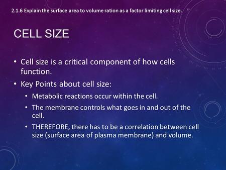 CELL SIZE Cell size is a critical component of how cells function. Key Points about cell size: Metabolic reactions occur within the cell. The membrane.