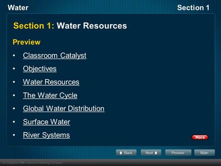 WaterSection 1 Section 1: Water Resources Preview Classroom Catalyst Objectives Water Resources The Water Cycle Global Water Distribution Surface Water.