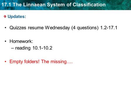 17.1 The Linnaean System of Classification Updates: Quizzes resume Wednesday (4 questions) 1.2-17.1 Homework: –reading 10.1-10.2 Empty folders! The missing….