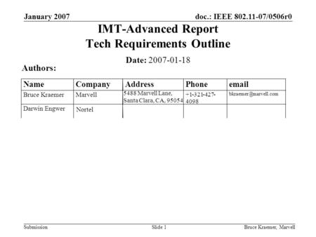 Doc.: IEEE 802.11-07/0506r0 Submission January 2007 Bruce Kraemer, MarvellSlide 1 IMT-Advanced Report Tech Requirements Outline Date: 2007-01-18 Authors: