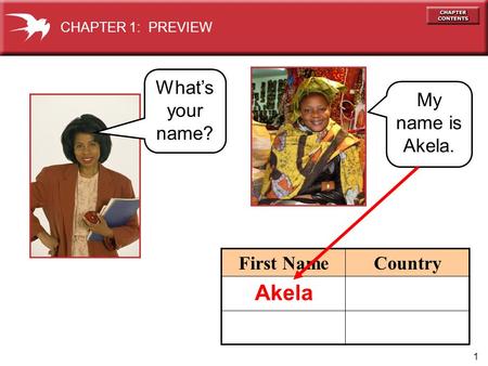 1 First NameCountry My name is Akela. CHAPTER 1: PREVIEW What’s your name? Akela.