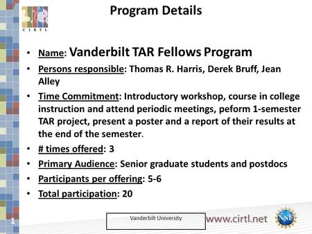 1 Vanderbilt University Name: Vanderbilt TAR Fellows Program Persons responsible: Thomas R. Harris, Derek Bruff, Jean Alley Time Commitment: Introductory.