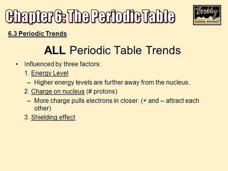 ALL Periodic Table Trends Influenced by three factors: 1. Energy Level –Higher energy levels are further away from the nucleus. 2. Charge on nucleus (#