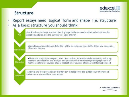 Structure Report essays need logical form and shape i.e. structure As a basic structure you should think: Plan Look before you leap; use the planning page.