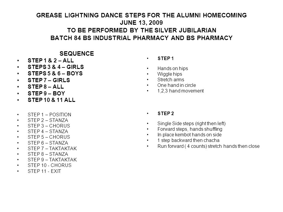 GREASE LIGHTNING DANCE STEPS FOR THE ALUMNI HOMECOMING JUNE 13, 2009 TO BE  PERFORMED BY THE SILVER JUBILARIAN BATCH 84 BS INDUSTRIAL PHARMACY AND BS  PHARMACY. - ppt download