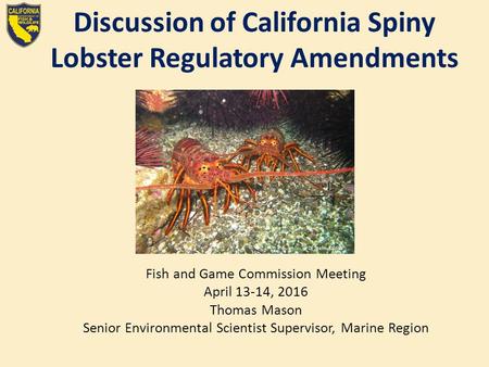 Discussion of California Spiny Lobster Regulatory Amendments Fish and Game Commission Meeting April 13-14, 2016 Thomas Mason Senior Environmental Scientist.