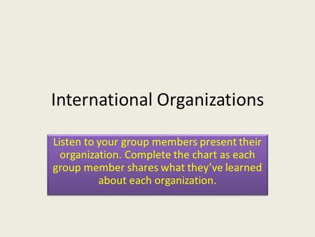 International Organizations Listen to your group members present their organization. Complete the chart as each group member shares what they’ve learned.