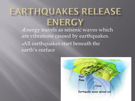  Energy travels as seismic waves which are vibrations caused by earthquakes.  All earthquakes start beneath the earth’s surface.