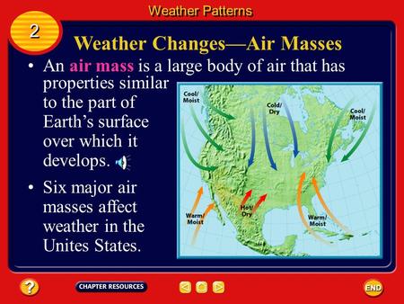 An air mass is a large body of air that has properties similar to the part of Earth’s surface over which it develops. Weather Changes—Air Masses Six major.