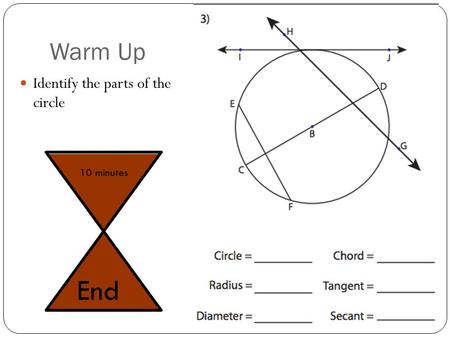 Warm Up Identify the parts of the circle 10 minutes End.