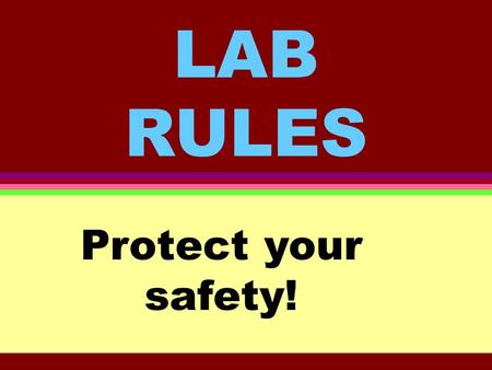 LAB RULES Protect your safety!. Rule #1 Conduct yourself in a responsible manner at all times in the laboratory. What that means: Failure to follow the.
