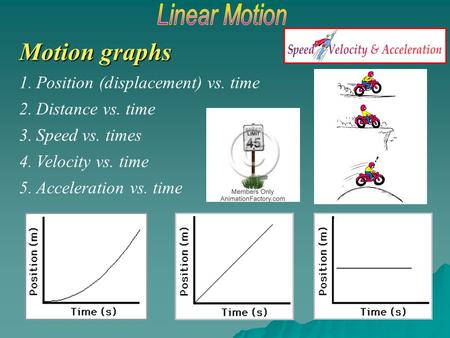 Motion graphs Position (displacement) vs. time Distance vs. time