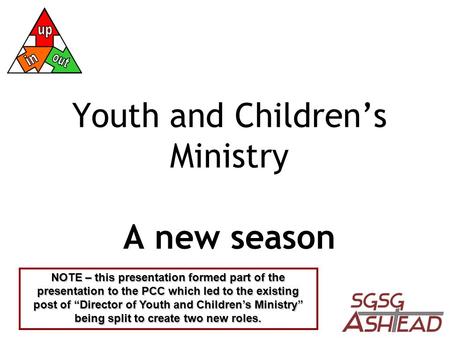 Youth and Children’s Ministry A new season NOTE – this presentation formed part of the presentation to the PCC which led to the existing post of “Director.