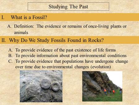 II. Why Do We Study Fossils Found in Rocks? I.What is a Fossil? A. Definition: The evidence or remains of once-living plants or animals A.To provide evidence.