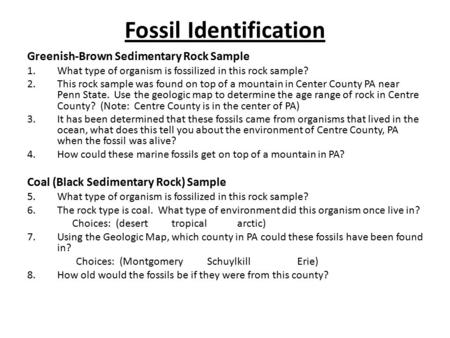 Fossil Identification Greenish-Brown Sedimentary Rock Sample 1.What type of organism is fossilized in this rock sample? 2.This rock sample was found on.