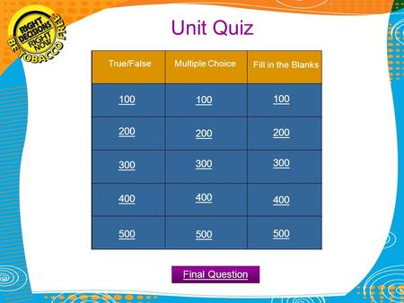 Unit Quiz True/False Multiple Choice Fill in the Blanks 100 200 300 400 500 100 200 300 400 500 Final Question.