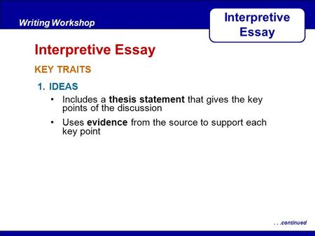 After Reading KEY TRAITS Writing Workshop Interpretive Essay...continued 1.IDEAS Includes a thesis statement that gives the key points of the discussion.