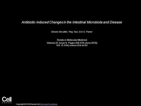 Antibiotic-Induced Changes in the Intestinal Microbiota and Disease Simone Becattini, Ying Taur, Eric G. Pamer Trends in Molecular Medicine Volume 22,
