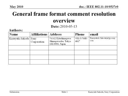 Doc.: IEEE 802.11-10/0537r0 Submission May 2010 Kazuyuki Sakoda, Sony CorporationSlide 1 General frame format comment resolution overview Date: 2010-05-13.