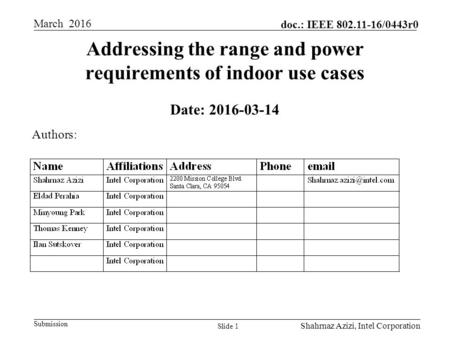 Submission doc.: IEEE 802.11-16/0443r0 March 2016 Shahrnaz Azizi, Intel Corporation Date: 2016-03-14 Addressing the range and power requirements of indoor.