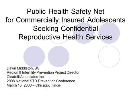 Public Health Safety Net for Commercially Insured Adolescents Seeking Confidential Reproductive Health Services Dawn Middleton, BS Region II Infertility.