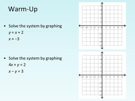 Warm-Up Solve the system by graphing y = x + 2 x = −3 Solve the system by graphing 4x + y = 2 x − y = 3.