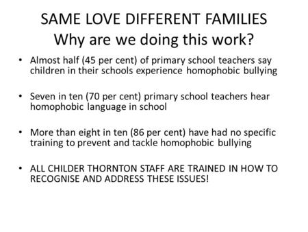 SAME LOVE DIFFERENT FAMILIES Why are we doing this work? Almost half (45 per cent) of primary school teachers say children in their schools experience.