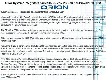 Orion Systems Integrators Named to CRN's 2016 Solution Provider 500 List 1888PressRelease - Recognized as a leader for third consecutive year. Monmouth.