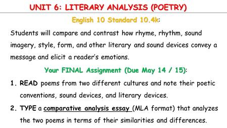 UNIT 6: LITERARY ANALYSIS (POETRY) English 10 Standard 10.4k English 10 Standard 10.4k: Students will compare and contrast how rhyme, rhythm, sound imagery,