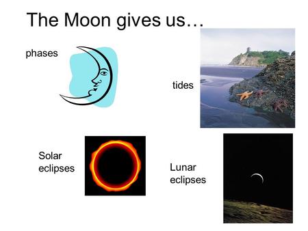 Phases tides Solar eclipses Lunar eclipses The Moon gives us…