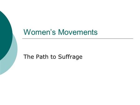 Women’s Movements The Path to Suffrage. Anti-Slavery Movement  1833 Female Anti- Slavery Society  Sarah and Angelina Grimke  Investigation of slave.