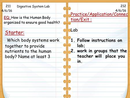 Starter: Which body systems work together to provide nutrients to the human body? Name at least 3 211 212 Digestive System Lab Practice/Application/Connec.