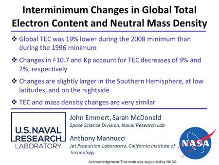 Interminimum Changes in Global Total Electron Content and Neutral Mass Density John Emmert, Sarah McDonald Space Science Division, Naval Research Lab Anthony.