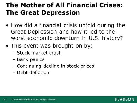 © 2016 Pearson Education, Inc. All rights reserved.9-1 The Mother of All Financial Crises: The Great Depression How did a financial crisis unfold during.