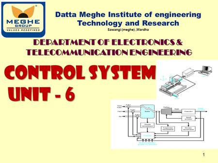 CONTROL SYSTEM UNIT - 6 UNIT - 6 Datta Meghe Institute of engineering Technology and Research Sawangi (meghe),Wardha 1 DEPARTMENT OF ELECTRONICS & TELECOMMUNICATION.