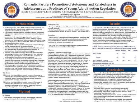 Romantic Partners Promotion of Autonomy and Relatedness in Adolescence as a Predictor of Young Adult Emotion Regulation. Elenda T. Hessel, Emily L. Loeb,