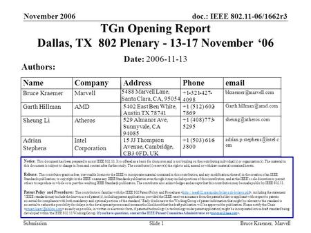Doc.: IEEE 802.11-06/1662r3 Submission November 2006 Bruce Kraemer, MarvellSlide 1 TGn Opening Report Dallas, TX 802 Plenary - 13-17 November ‘06 Date:
