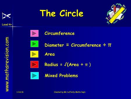 Level 4+ 1-Jul-16Created by Mr. Lafferty Maths Dept. The Circle Circumference Diameter = Circumference ÷ π www.mathsrevision.com Area Radius = √(Area ÷