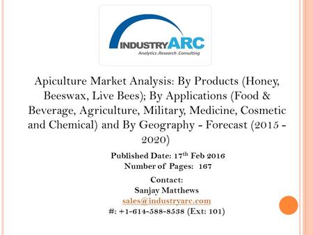 Apiculture Market Analysis: By Products (Honey, Beeswax, Live Bees); By Applications (Food & Beverage, Agriculture, Military, Medicine, Cosmetic and Chemical)