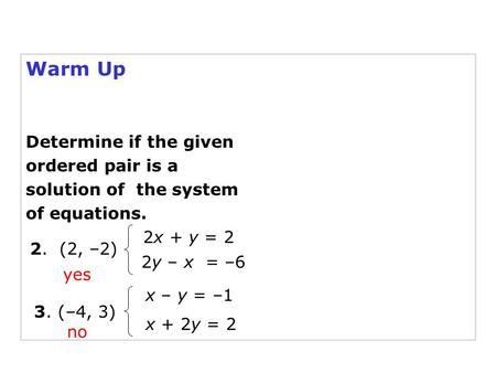 Solving Systems of Linear Inequalities Warm Up Determine if the given ordered pair is a solution of the system of equations. 2. (2, –2) 2y – x = –6 2x.