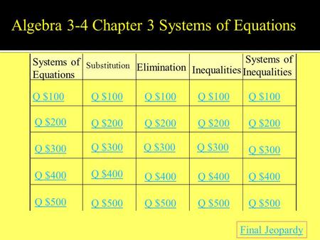 Systems of Equations Substitution Elimination Inequalities Systems of Inequalities Q $100 Q $200 Q $300 Q $400 Q $500 Q $100 Q $200 Q $300 Q $400 Q $500.