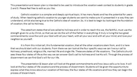 This presentation and lesson plan is intended to be used to introduce the vocation week contest to students in grade 2 and 3. Please feel free to edit.