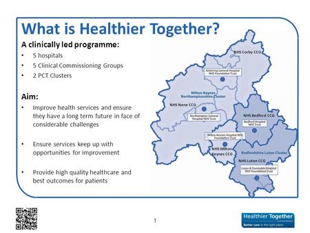 A clinically led programme: 5 hospitals 5 Clinical Commissioning Groups 2 PCT Clusters Aim: Improve health services and ensure they have a long term future.