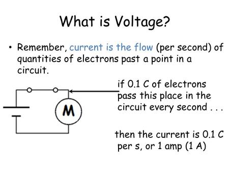 What is Voltage? Remember, current is the flow (per second) of quantities of electrons past a point in a circuit. if 0.1 C of electrons pass this place.